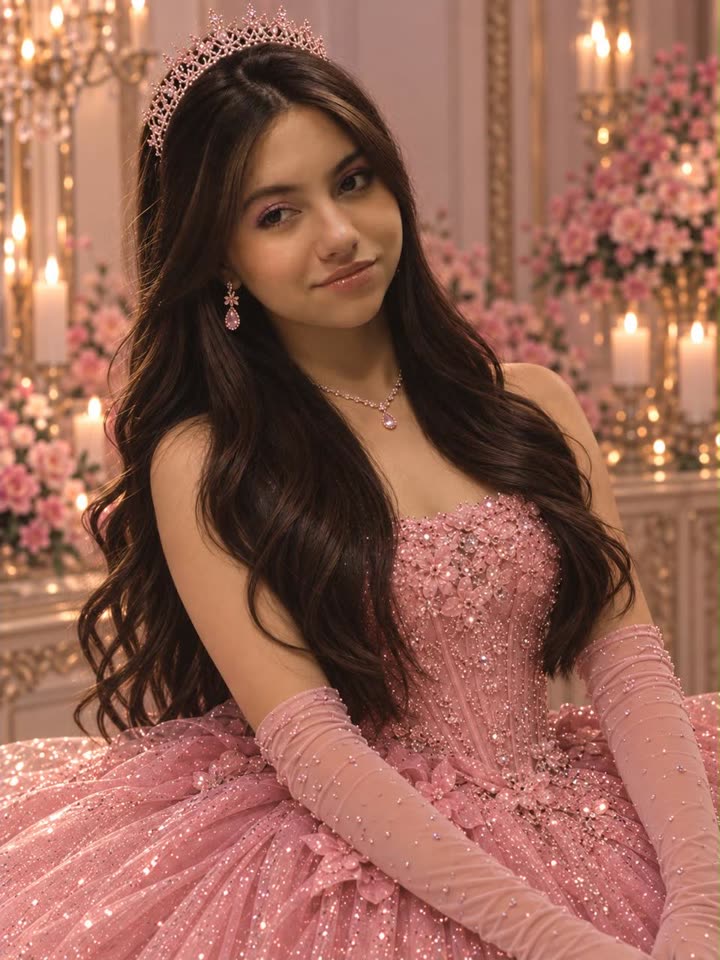 Marcela sorrindo, com vestido rosa bordado e tiara